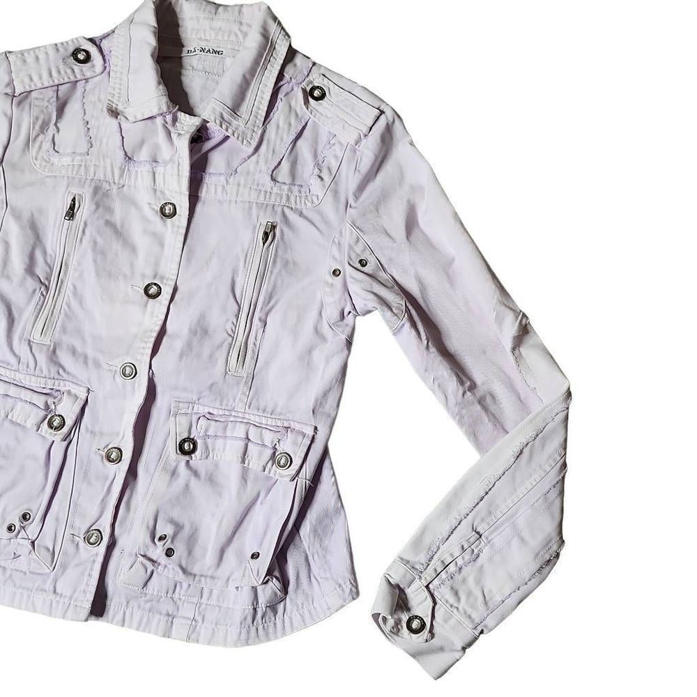 Da-Nang purple distressed embroidered peacock bird cargo button down jacket - Picture 4 of 6